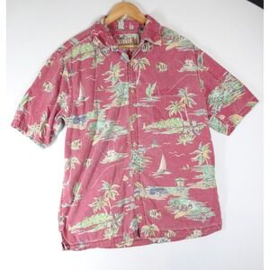 VTG Kahala Hawaiian Shirt M Red Tropical Scenic Cotton Button Down Short Sleeve